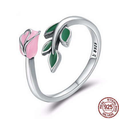 Open Ring with Rose Flower Design in S925 Silver