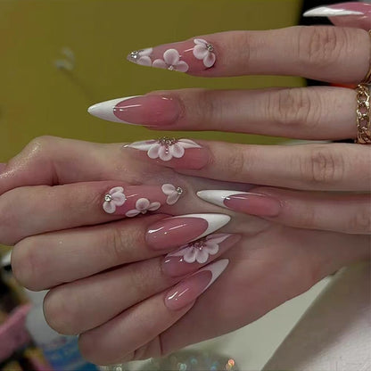 24Pcs Nude Pink Fake Nails Long Almond Press on Nails Stiletto Nails Press ons French Flowers False Nails with Glossy Stick on Nails Fall Acrylic Nails Full Cover Artificial Nails for Women Girls