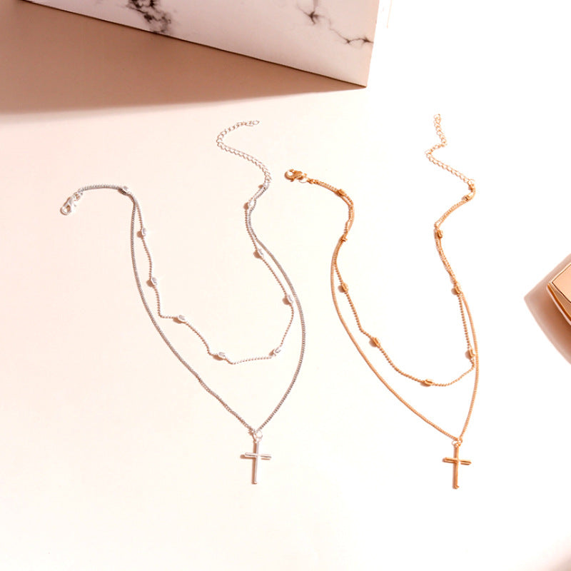Stylish Cross Pendant Necklace with Geometric Layered Chain