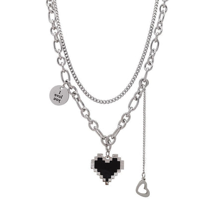 Heart-Shaped Punk Pendant Necklace with Double Layer Chain