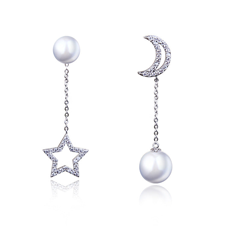 S925 Silver Long Star and Moon Asymmetric Earrings