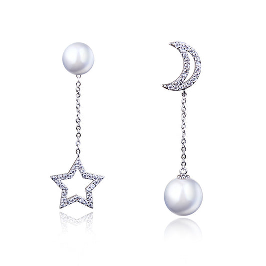 S925 Silver Long Star and Moon Asymmetric Earrings