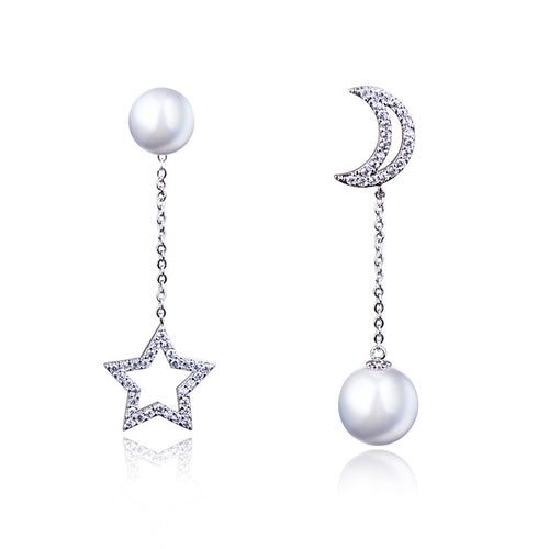 S925 Silver Long Star and Moon Asymmetric Earrings