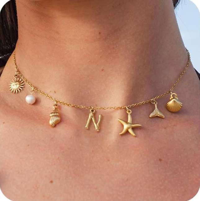 26 Bamboo Letter Necklace - Starfish, Shell & Conch Design