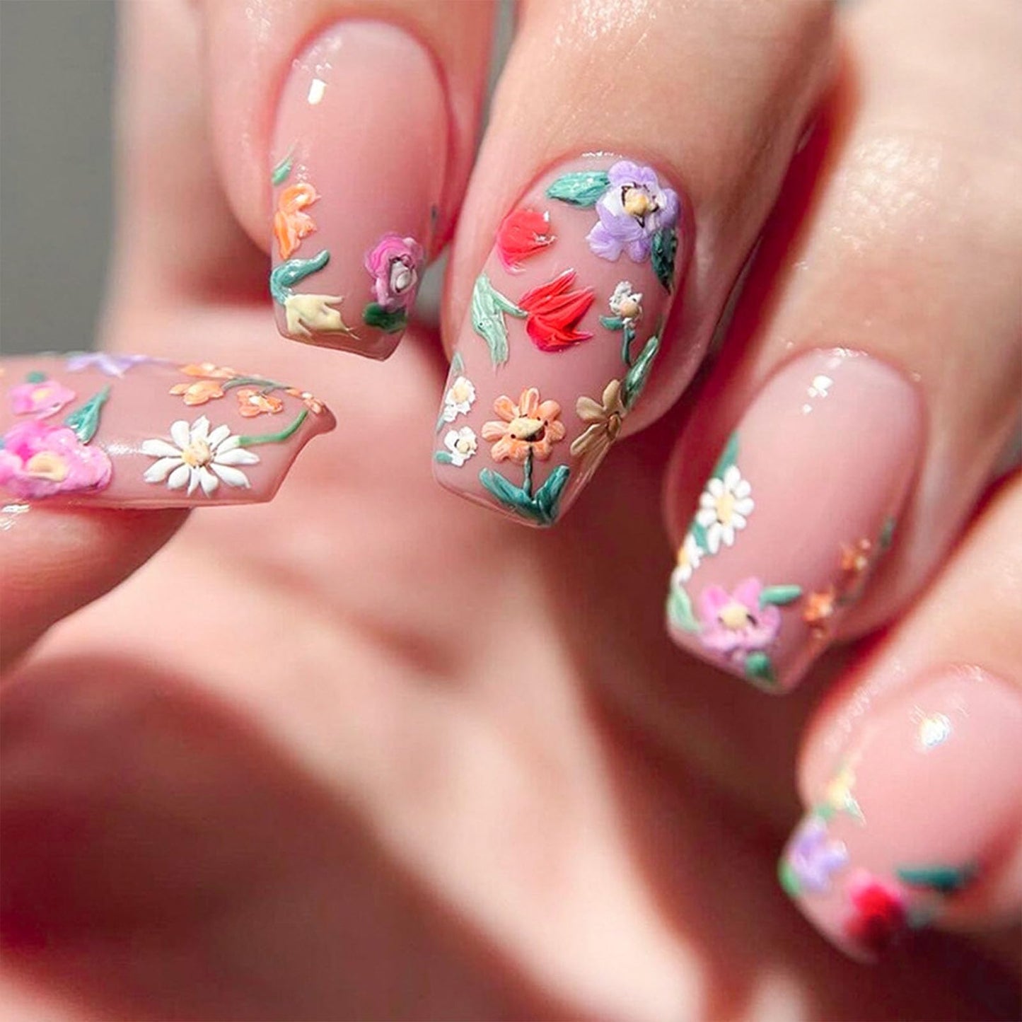 Medium Press on Nails 3D Colorful Flowers Fake Nails Square Acrylic Nails Press ons Glossy Glue on Nails Spring Nude False Nails Cute Artificial Nails Full Cover Stick on Nails for Women 24 Pcs
