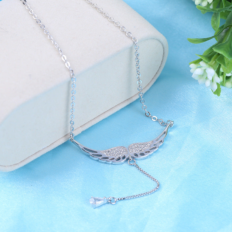S925 Silver Angel Wings Pendant Necklace with Zirconia