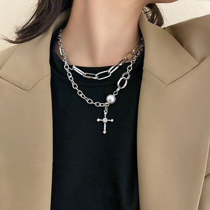 Double Layer Pearl Cross Pendant Necklace for Women