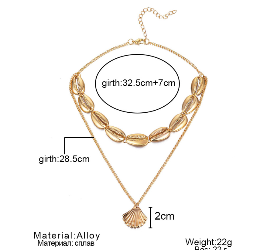 Versatile Metal Layered Necklace with Shell Pendant
