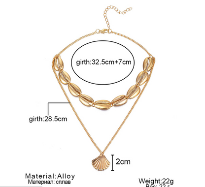 Versatile Metal Layered Necklace with Shell Pendant