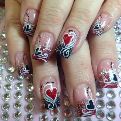 MERVF Square Press on Nails Medium Valentines Day Fake Nails Red Black Ombre French Tip Glue on Nails Heart Press ons Glitter Design Acrylic Squoval False Nails for Women Glossy 24pcs