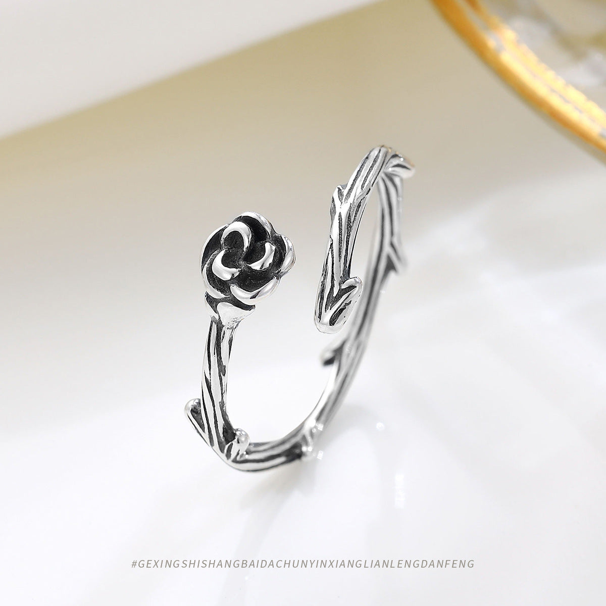 S925 Silver Vintage Rose Flower Open Ring for Women