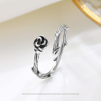 S925 Silver Vintage Rose Flower Open Ring for Women