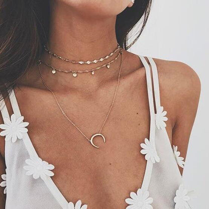 Simple Multi-Element Moon Pendant Layered Necklace