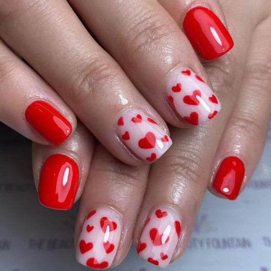 Valentines Day Press on Nails Heart Nails Short Square Fake Nails Valentines Glue on Nails with Red Heart Designs False Nails Glossy Solid Color Artificial Nails French Tip Nails for Women 24Pcs