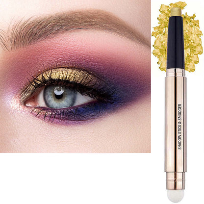 Gold Eyeshadow Stick and Sponge Makeup Brush 2 in1Smooth Cream Eyeshadow (24k Gold Shimme #14)