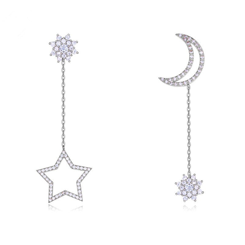 S925 Silver Star Moon Pearl Asymmetric Earrings