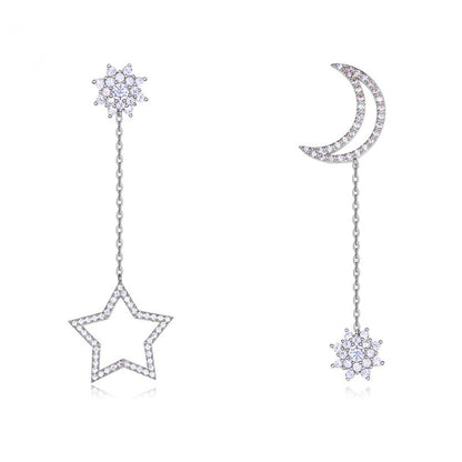 S925 Silver Star Moon Pearl Asymmetric Earrings