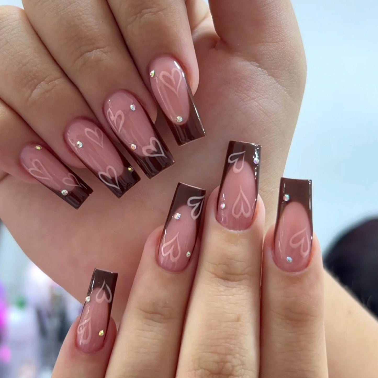 Valentines Day Press on Nails Long Square Nails Press ons with Heart Rhinestones Design Glue on Nails Brown French Tip False Nails Pink Full Cover Acrylic Nails Valentines Fake Nails for Girls 24Pcs