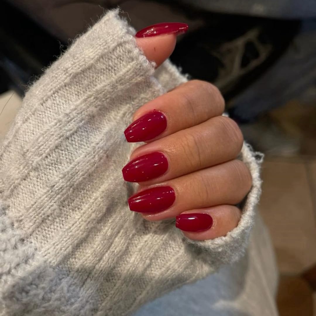Wine Red Press on Nails Medium Coffin NailsGlue on Nails MediumFake Nails Square Nails Press onShort Acrylic Nails False NailsStatic Nails Trapezoid ShapedGel Nails Stick on Nails in 24 PCS