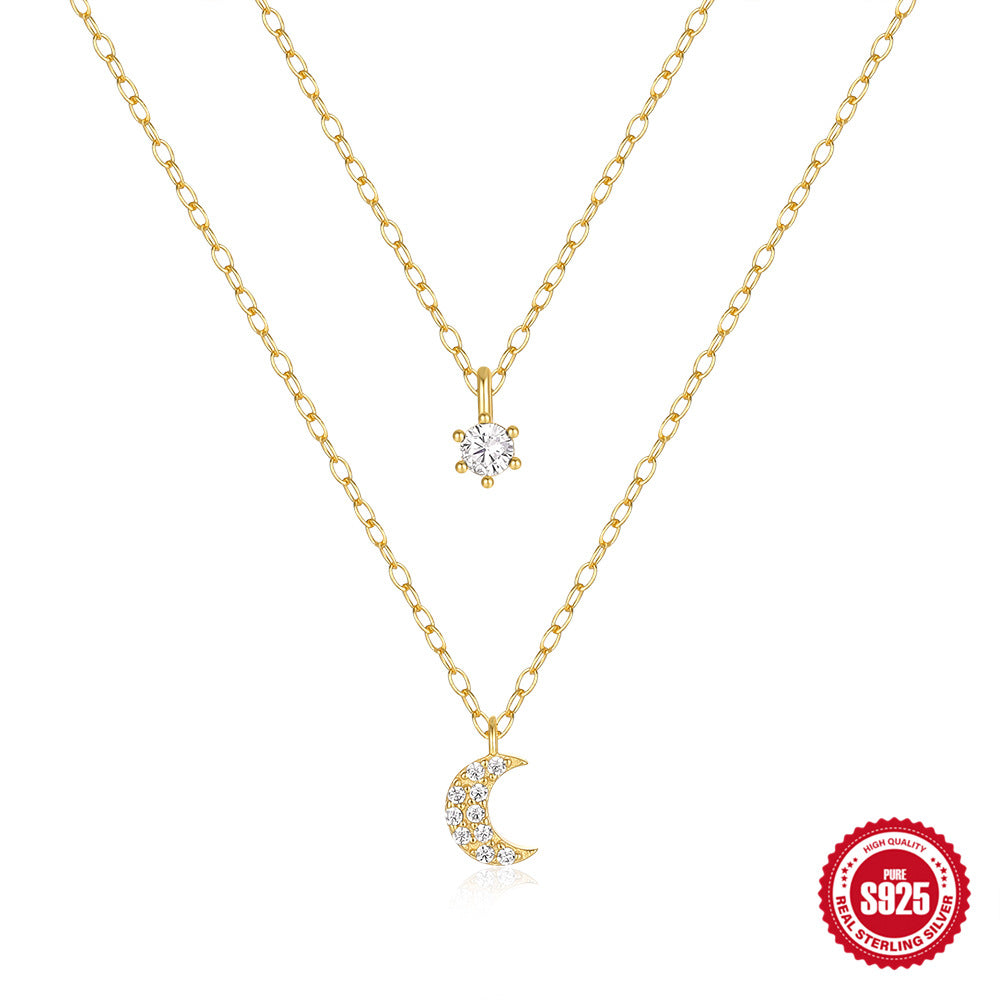 S925 Silver Double Layer Moon Necklace with Zirconia