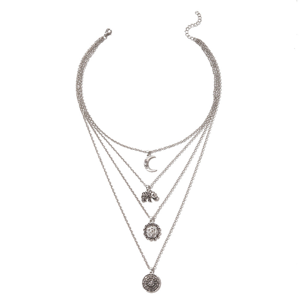 Fashionable 3D Elephant Moon Pendant Layered Necklace