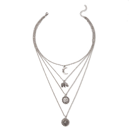 Fashionable 3D Elephant Moon Pendant Layered Necklace