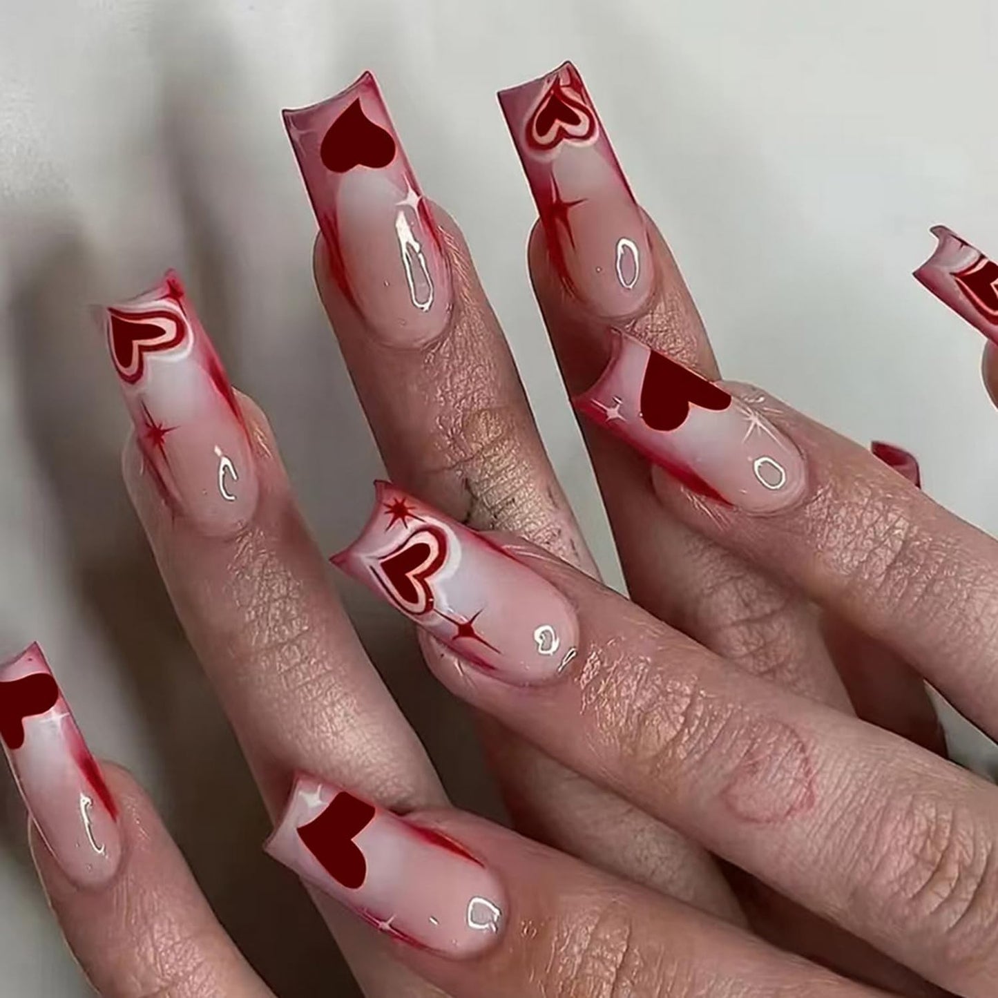 Valentines Press on Nails Heart Fake Nails Glossy Full Cover Long Square Acrylic Nails Stick on Nails Red False Nails French Tip Glue on Nails for Women Girls Valentine Nails Decorations24PCS