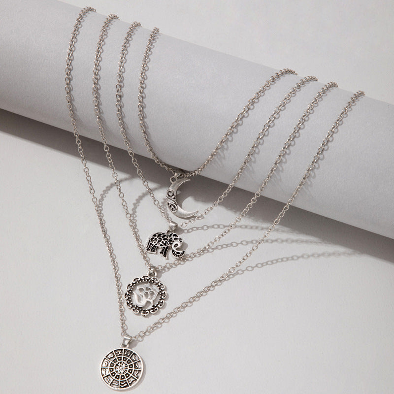 Fashionable 3D Elephant Moon Pendant Layered Necklace