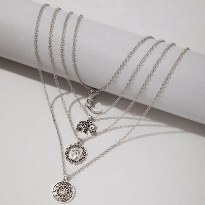 Fashionable 3D Elephant Moon Pendant Layered Necklace