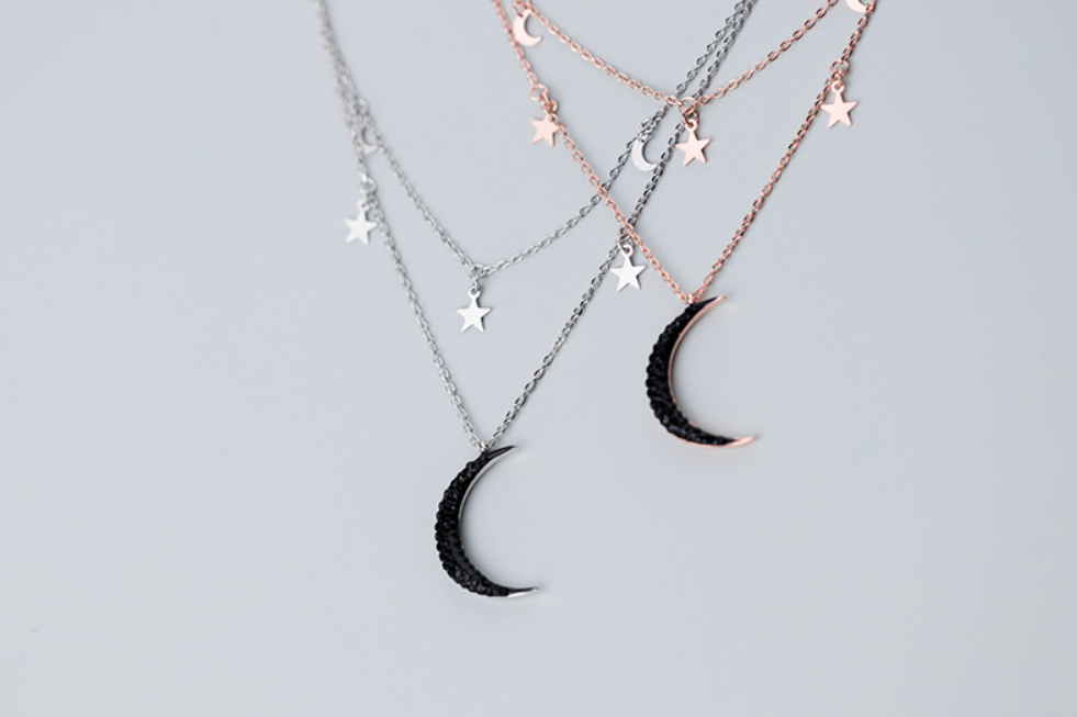 Ailuoqi S925 Silver Double Layer Star Moon Necklace