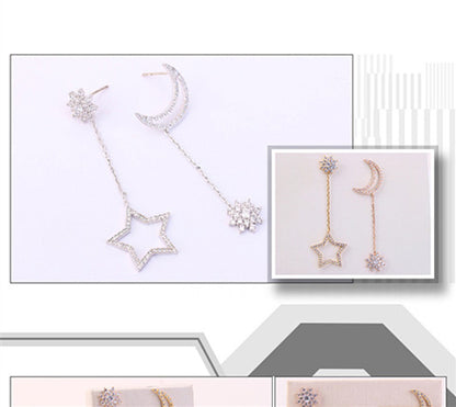 S925 Silver Star Moon Pearl Asymmetric Earrings