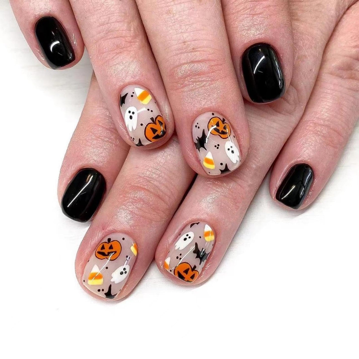 Halloween Press on Nails Short Square Fake Nails Black False Nails Pumpkin Glue on Nails Ghost Stick on Nails Bat Acrylic Nails Press onsReusable for Women Girls Manicure 24pcs