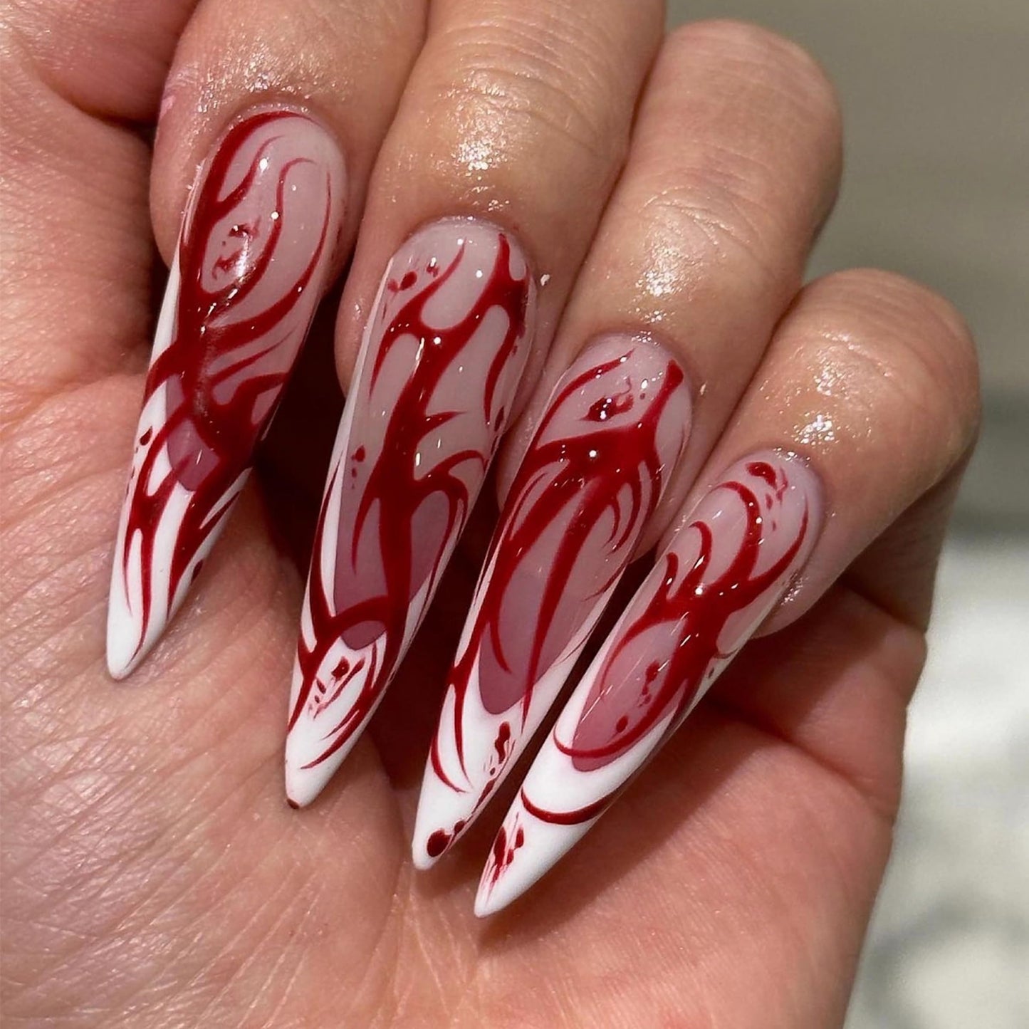 MERVF Extra Long Press on Nails Almond Fake Nails Press ons White French Tip Glue on Nails Extra Red Flame Stiletto Acrylic False Nails with Blood Design 24pcs Glossy