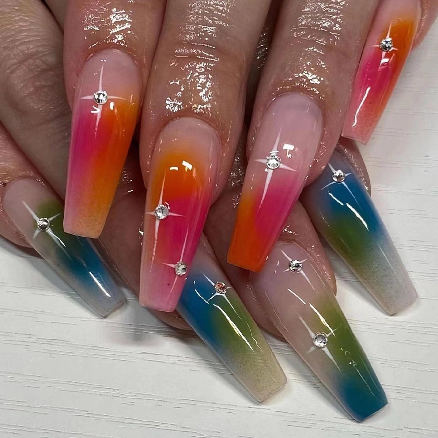 MISUD Press on Nails Long Coffin Fake Nails Glossy Glue on Nails Colorful Ombre Acrylic Nails Ballerina Artificial Nails 3D Rhinestone Stick on False Nails with Design 24 pcs
