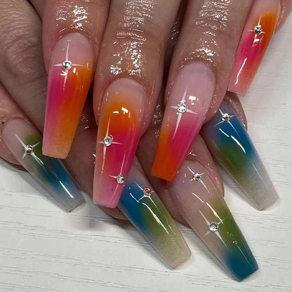 MISUD Press on Nails Long Coffin Fake Nails Glossy Glue on Nails Colorful Ombre Acrylic Nails Ballerina Artificial Nails 3D Rhinestone Stick on False Nails with Design 24 pcs