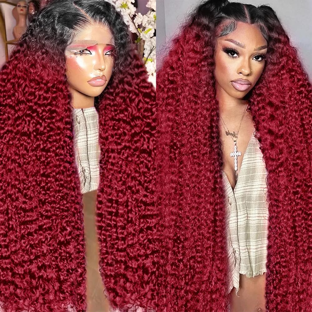 AMIRTY 32Inch 250 Density Burgundy Deep Wave Lace Front Wigs Human Hair Pre Plucked Wigs 13x6 1B/99J Water Wave Human Hair for Women 13x6 HD Lace Front Wigs Burgundy Deep Human Hair Wig