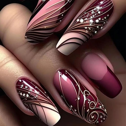 Coffin Press On Nails Long Red Fake Nails with Line Designs Glitter Glossy False Nails Full Cover Nail Tips Fall Acrylic Nails Press Ons Glue On Nails Stick On Nails for Women French Manicure 24PCS