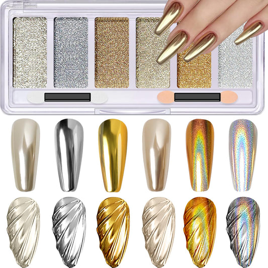 Gold Silver Chrome Nail Powder 6 Colors Unicorn Iridescent Holographic Rainbow Chrome Powder for Nails Mirror Metallic Effect Light Gold Champagne Nail Art Chrome Powder Palette Pigment Glitter Dust
