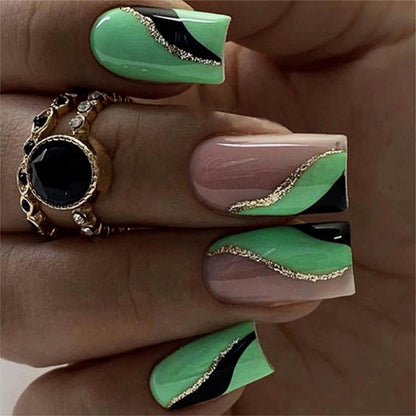 MERVF Square Press on Nails Medium Fake Nails Press ons Green French Tip Glue on Nails with Glitter Swirls Design Squoval Acrylic Luxury False Nails Glossy 24pcs