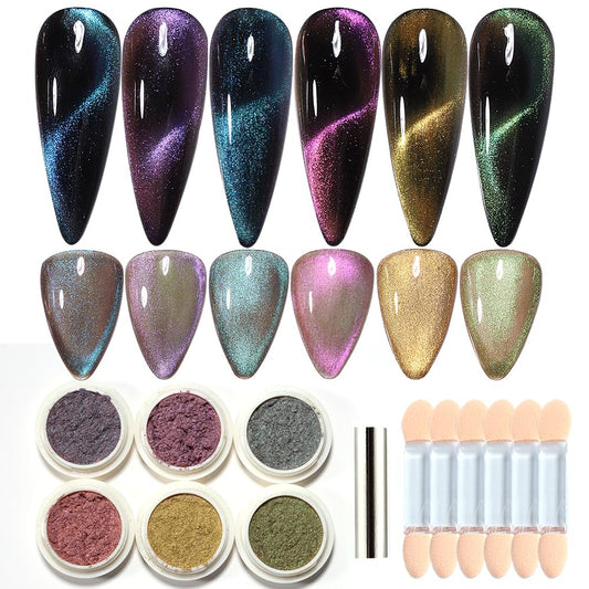 Cat Eye Nail Art Powder with Magnetic Stick6 Colors Cat Eye Galaxy Effect Nail Chrome Glitter Aurora Holographic Nail Art Pigment DIY Decor Nail Art Designs
