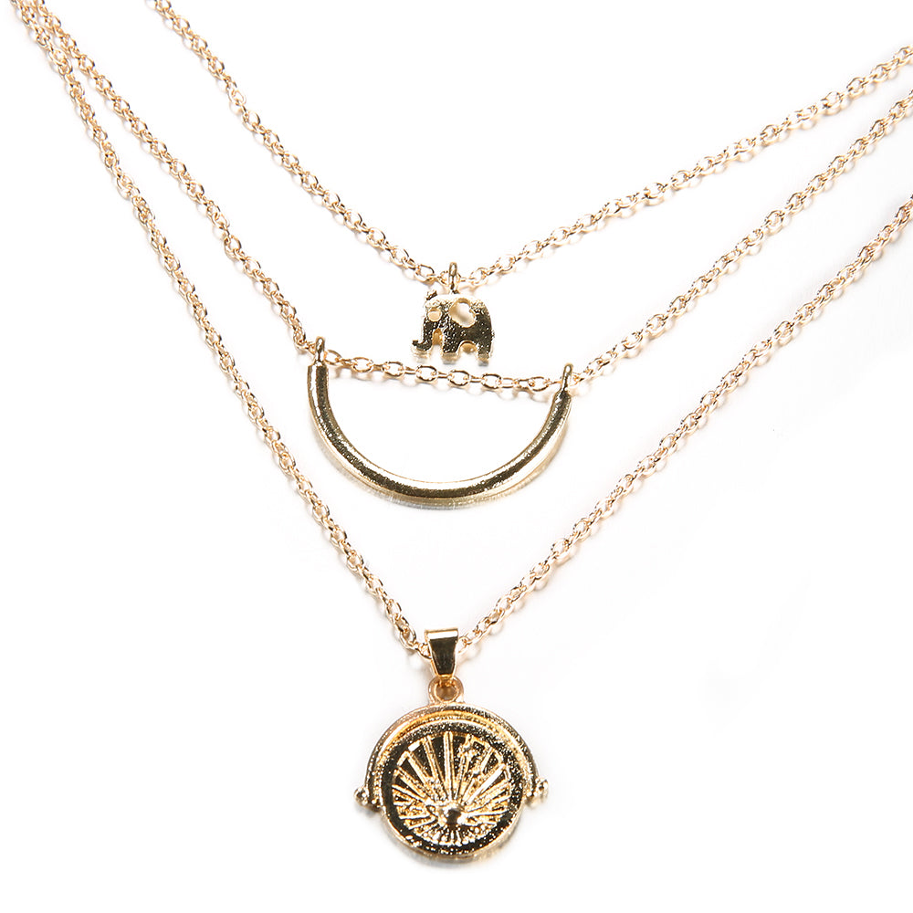 Fashionable Elephant Crescent Moon Multi-Layer Necklace