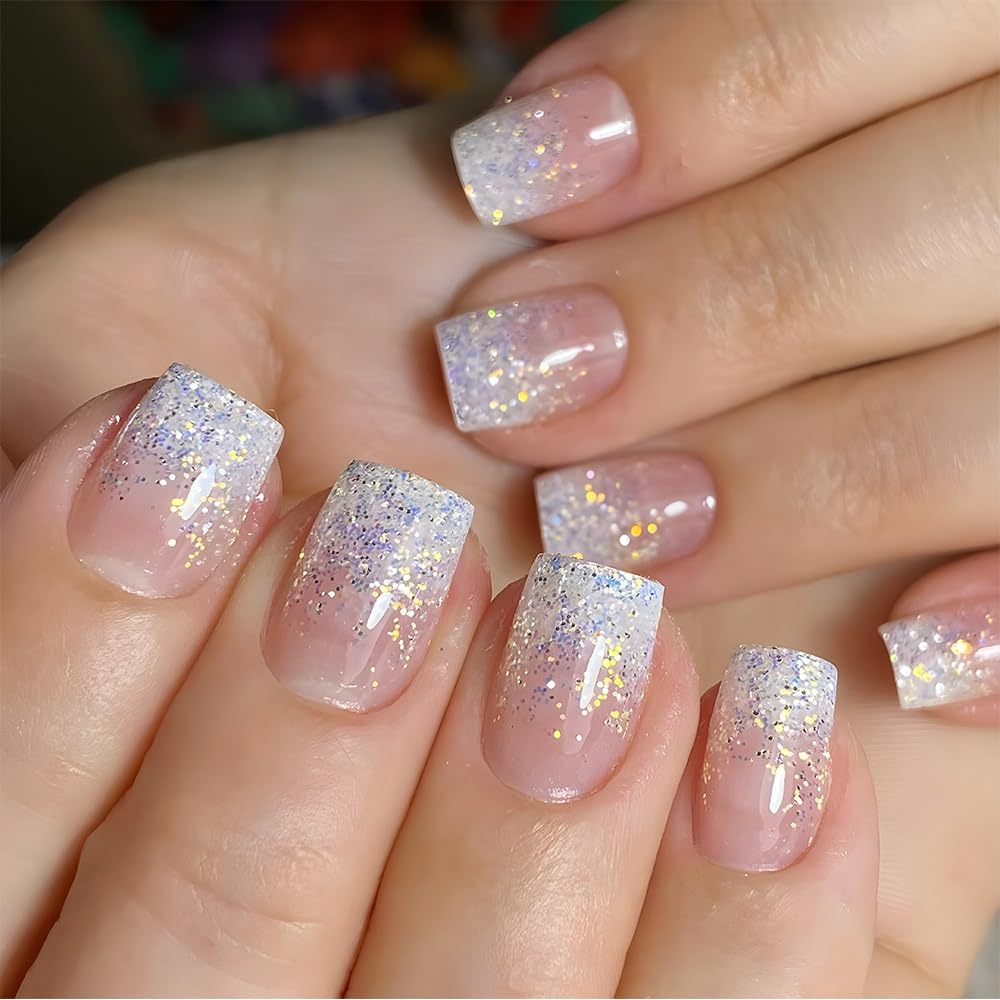 Short Press on Nails Pink Fake Nails Short Square False Nails with Blue Gold Glitter Designs Cute Glue on Nails Winter Stick on Nails Nude Pink Acrylic Nails Full Cover Glossy Artificial Nails