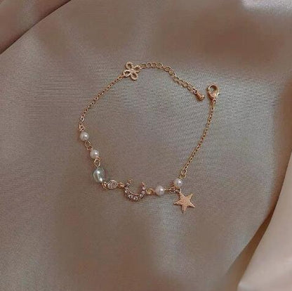 S925 Silver Bracelet with Zirconia, Pearl, Stars & Moon