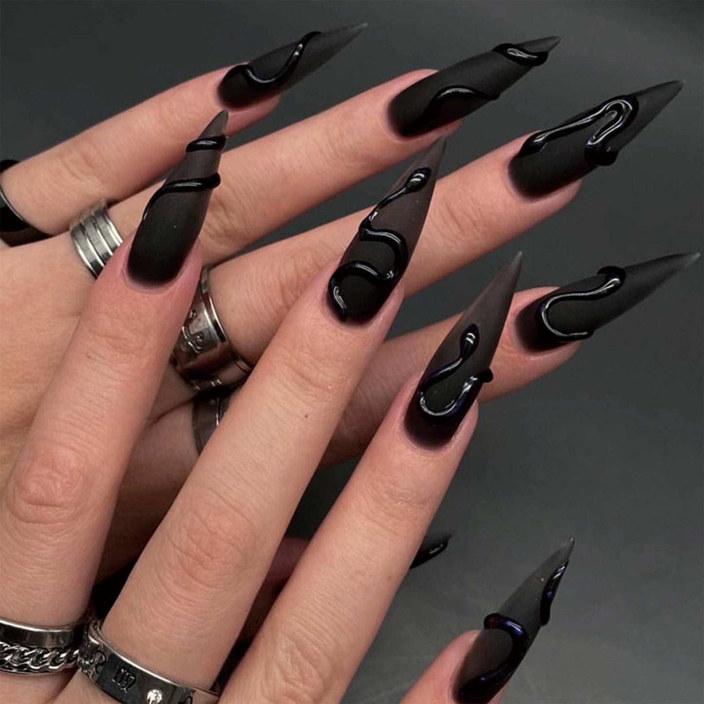 SINHOT Stiletto Press on Nails Long Fake Nails Matte Glue on Nails Gothic Snake Acrylic Nails Almond Artificial Nails Goth Black Stick on False Nails with Design 24pcs