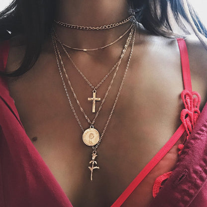 Cross Rose Pendant Necklace - Fashionable Layered Design