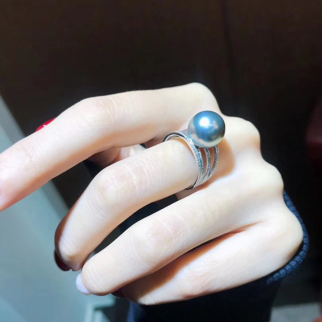 925 Silver Akoya Gray Pearl Adjustable Ring for Women
