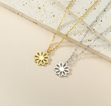 Stainless Steel Nine-Petal Flower Pendant Necklace