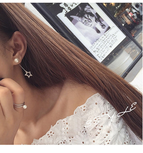 S925 Silver Asymmetric Star Moon Pearl Stud Earrings