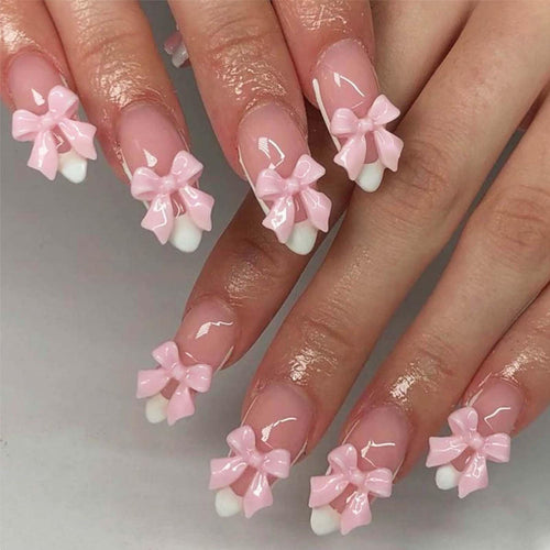 Almond Fake Nails Medium Press on Nails French Tip False Nails with Bow Design Pink Acrylic Nails Glossy Artificial Glue on Nails Full Cover Stick on Nails for Women Girls Manicure Decoration 24Pcs