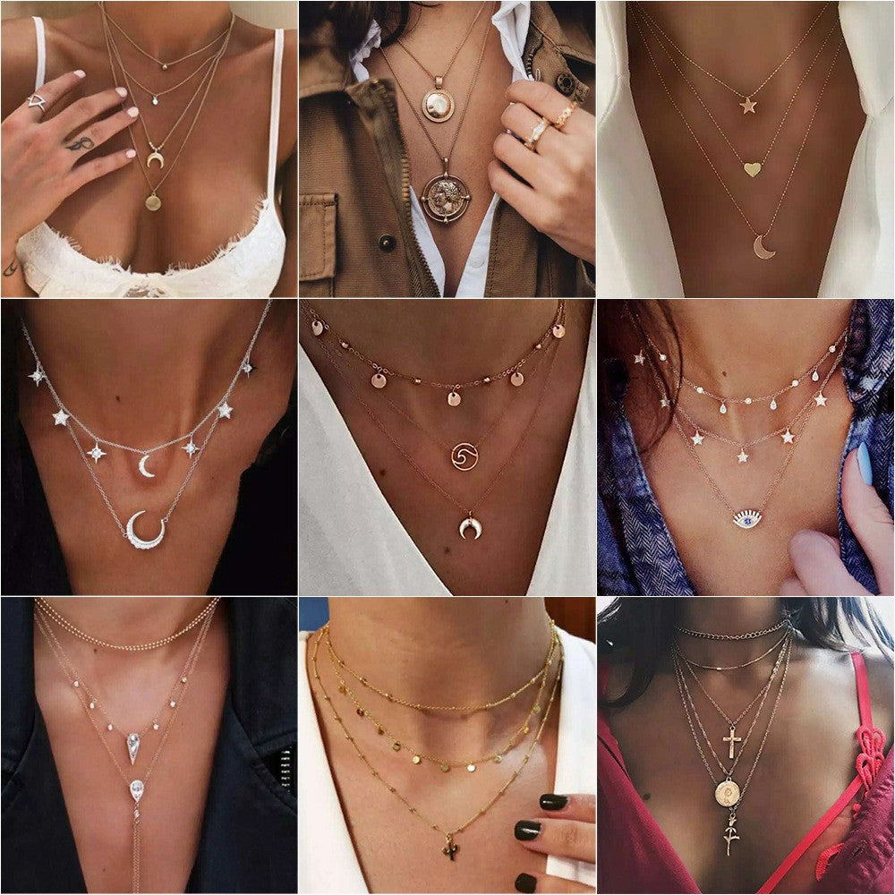 Alloy Multi-Layer Necklace with Star and Moon Pendant